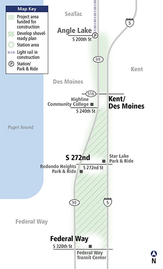 Sound Transit is evaluating alternatives to extend light rail from the future Angle Lake light rail station on South 200th Street in SeaTac to the Federal Way Transit Center