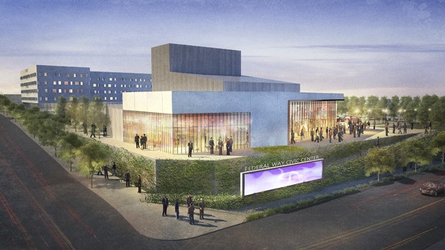 An artistic rendering of the proposed performing arts and conference center (PACC) in Federal Way.