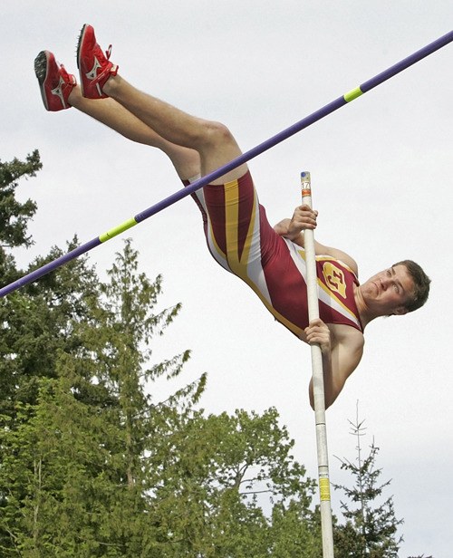 Thomas Jefferson senior Matt Barner finished in a three-way tie for first in the pole vault during the opening day at the South Puget Sound League Track and Field Championships Wednesday at French Field in Kent.