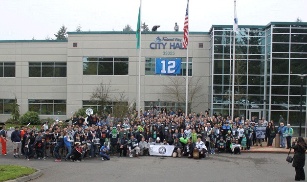 Many gathered for a Seahawks rally at Federal Way City Hall on  Jan. 17