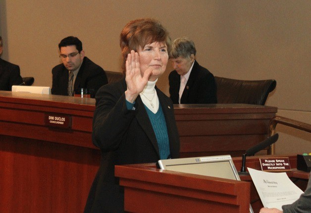 Federal Way City Councilmember Jeanne Burbidge is sworn in to the deputy mayor position after the Council elected her to the seat during Tuesday’s meeting. The oath of office was administered by City Clerk Carol McNeilly.