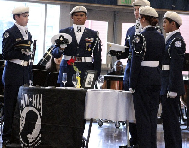 The Todd Beamer High School Air Force JROTC cadets perform a ceremony to honor POW/MIA soldiers during the Honoring Our Own event Nov. 12.