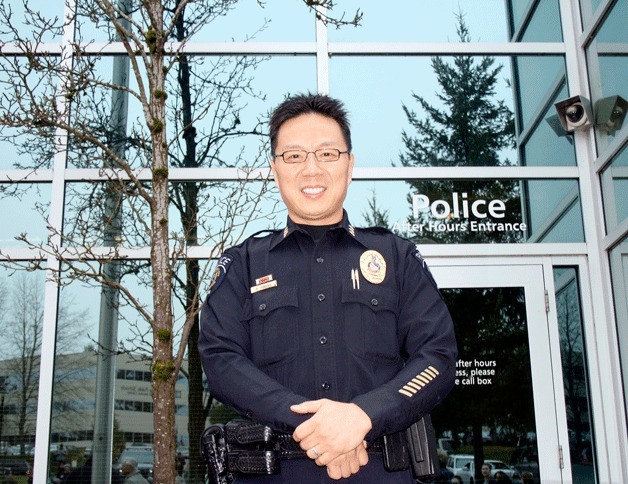 Interim Police Chief Andy Hwang stands outside of Federal Way Police Department headquarters during the city's 'Blue Friday' rally on Jan. 17