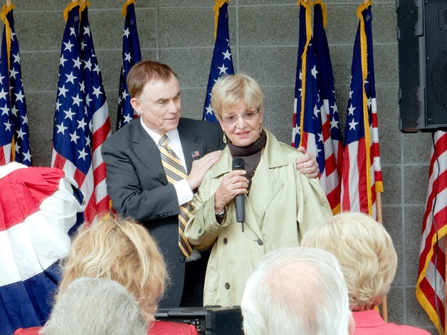 King County Councilman Pete von Reichbauer recognizes Faye Clerget during South King County’s 25th annual Flag Day Celebration in Federal Way on Saturday.