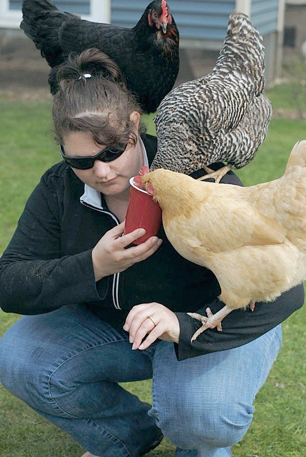 Jeanette Brizendine feeds chickens that she raises in her backyard.