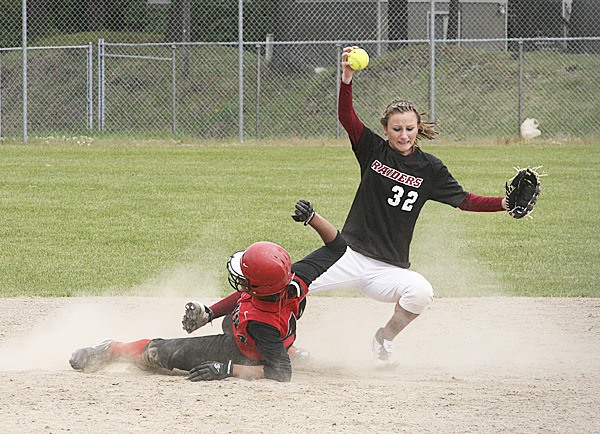 Thomas Jefferson shortstop Reno Whitcomb tags out a Union runner at second base during the West Central/Southwest District Tournament at Sprinker Recreation Center last weekend. The Raiders finished up in third place after their 18-game winning streak was snapped in the semifinals.