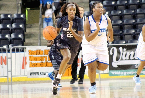 Bria Rice races to the other end of the court after a steal in the first quarter of Todd Beamer's 55-31 win over Curtis for the SPSL Championship at the ShoWare Center in Kent on Feb. 4.