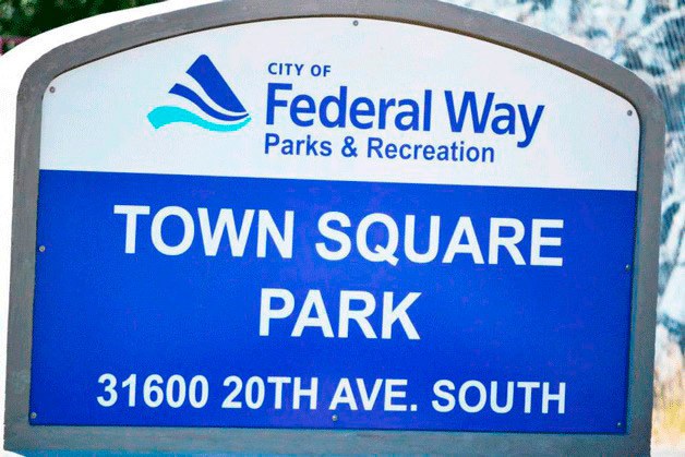 A sign to Town Square Park in downtown Federal Way.