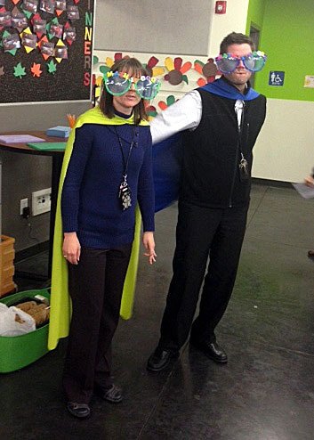 Valhalla Principal James Crawford and school counselor Erin Amann pose as Math Man and Math Woman at Valhalla’s Math Night event.