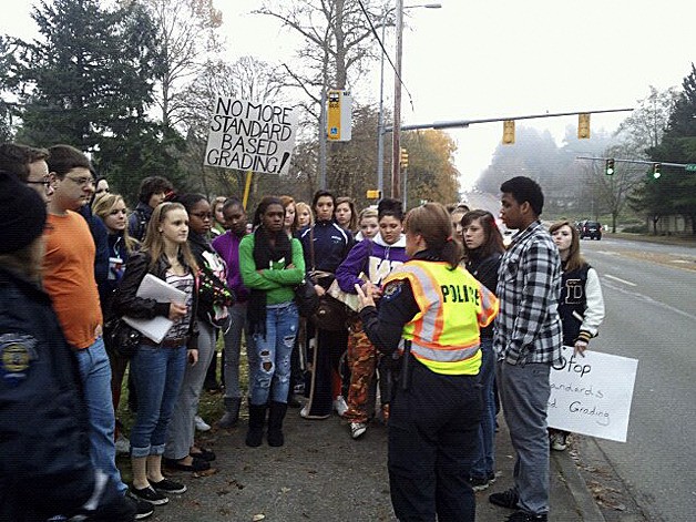 More than 100 students gathered Tuesday morning at Decatur High School to protest the district's new Standards Based Education system.