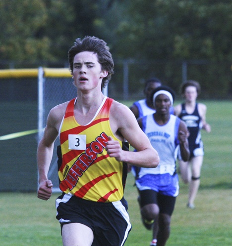 Jefferson's Chase Braxmeyer leads a group of runners during Wednesday's All-City Cross Country Meet at Thomas Jefferson High School. Braxmeyer won the boys' race over teammate Jeff Baklund. Jefferson's Lacey Printz won the girls' race.