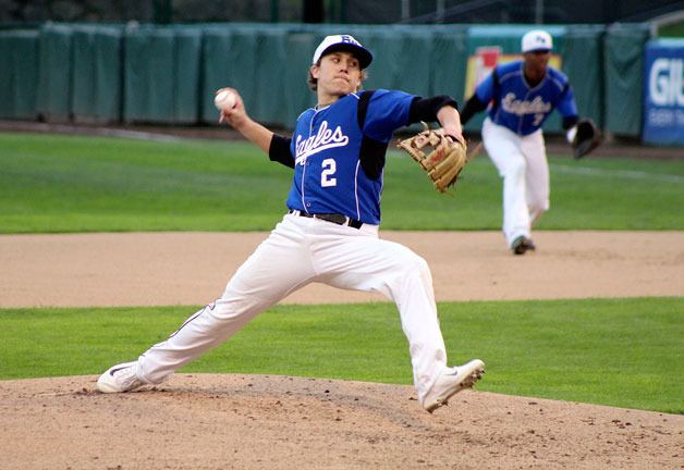 Ben Koler finishes his windup and prepares to pitch in the first inning. Koler would strike out eight on the night and pitch a complete game.