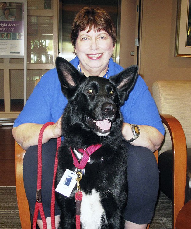 Susan Evans and her black German shepherd mix