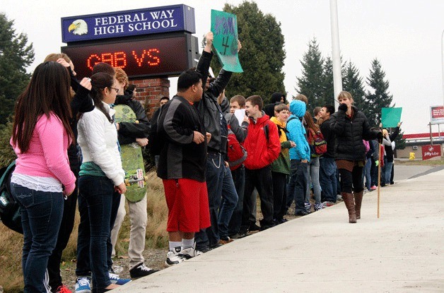 Federal Way High School principal Lisa Griebel ensures that order is maintained during a student protest in 2011. Griebel left the district recently for undisclosed reasons and is now the principal of Miller Junior High School in Aberdeen.