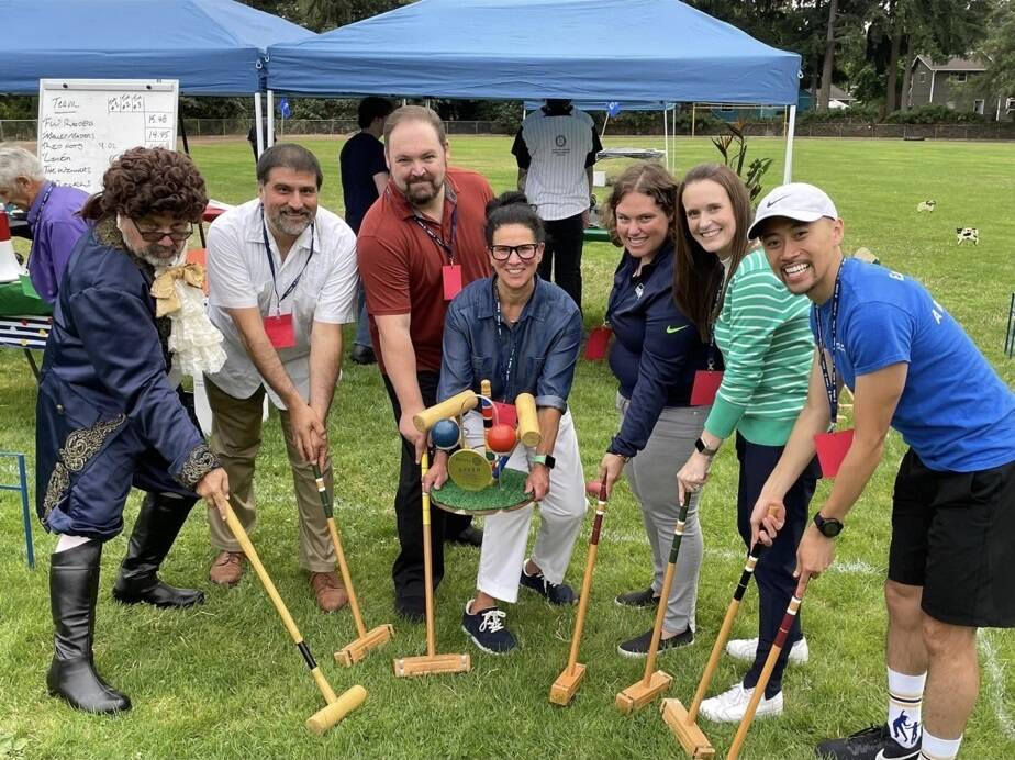 Courtesy photo
FWPS Superintendent Dr. Dani Pfeiffer and her team hold the trophy from the Federal Way Rotary Club’s first speed croquet competition at their annual fundraiser auction.