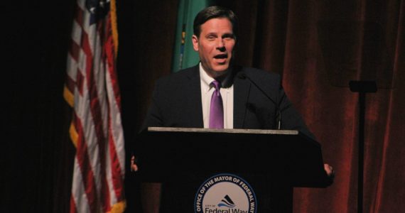 Federal Way Mayor Jim Ferrell spoke to the city’s business opportunities and his desire to see legislative change in policing during the Feb. 16, 2023, State of the City Address. Alex Bruell / The Mirror