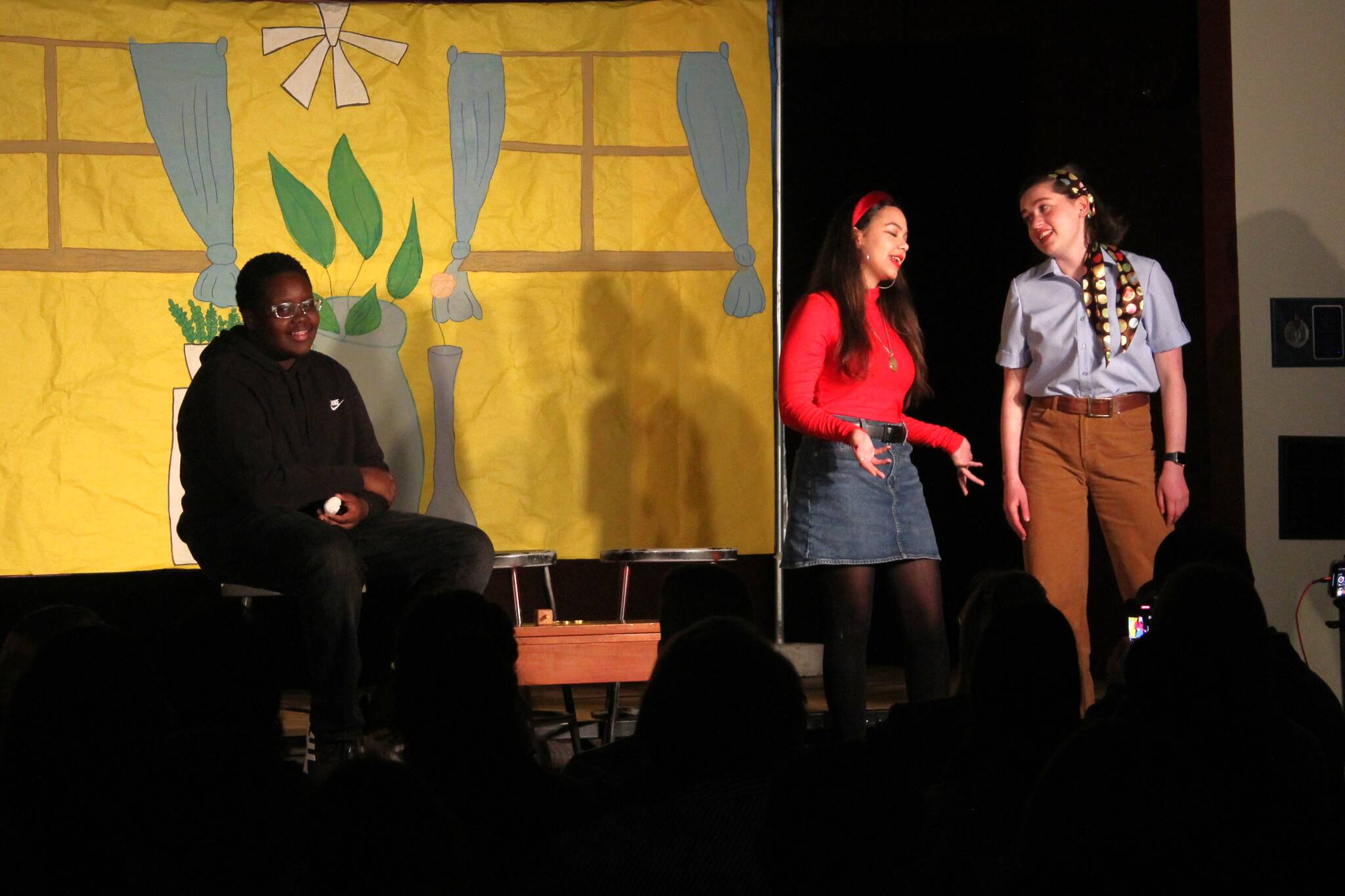 Playwright and Federal Way Public Academy student Alinea Kirshenbaum plays Marjorie Moss in her new musical “Catch Me If You Can” (on far right of photo). Photos by Keelin Everly-Lang / The Mirror