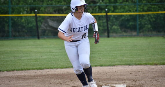 Sophie Walker on second base on day one of the district tournament for Decatur. Ben Ray / The Mirror