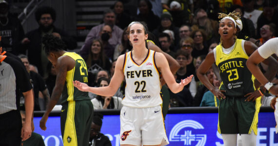 Caitlin Clark of the Indiana Fever shrugs as she looked for a foul on a three-point attempt in the fourth quarter against the Seattle Storm. Ben Ray / The Mirror