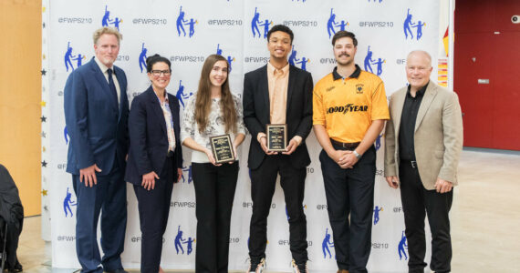 Decatur’s Maddie Mitchell and Jonah Jones stand with Federal Way Public Schools Superintendent Dr. Dani Pfeiffer, Terry Jenks (Decatur AD) and Jerry Peterson. Photo provided by FWPS.