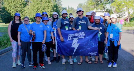The Federal Way Thunder team in the Special Olympics gets ready to head into the opening ceremony on Friday, June 7, at Pacific Lutheran University. Photo by Keelin Everly-Lang / The Mirror