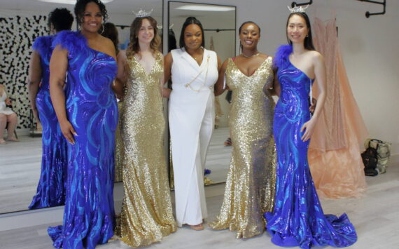 Tasha Mae, Adriana Fachiol, Amber Bruce, Aliyah Lawson and Jerica Huang show off the gowns at The Empress Suite at the store’s launch on Saturday, June 8. Photo by Keelin Everly-Lang / The Mirror