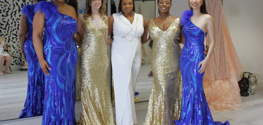 Tasha Mae, Adriana Fachiol, Amber Bruce, Aliyah Lawson and Jerica Huang show off the gowns at The Empress Suite at the store’s launch on Saturday, June 8. Photo by Keelin Everly-Lang / The Mirror