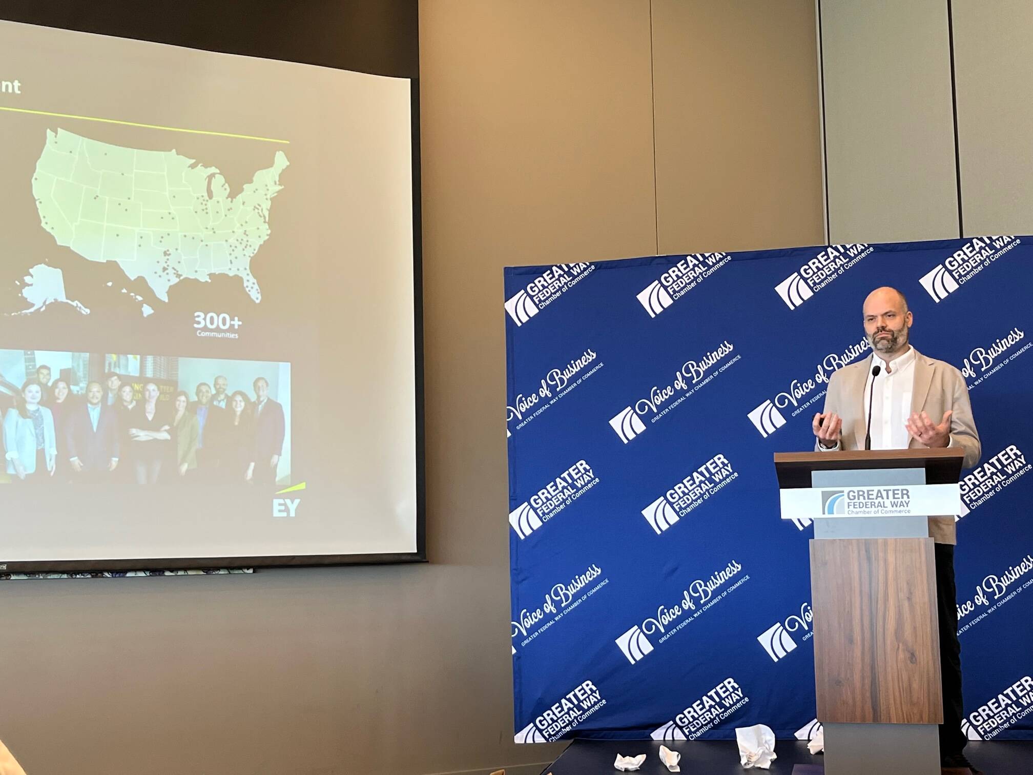 Tony DeLisi, Senior Manager/Economic Development Advisory Services/Director of Strategy for Ernst & Young talked about the region’s economic outlook June 5 at the Federal Way Chamber luncheon. Mirror staff photo