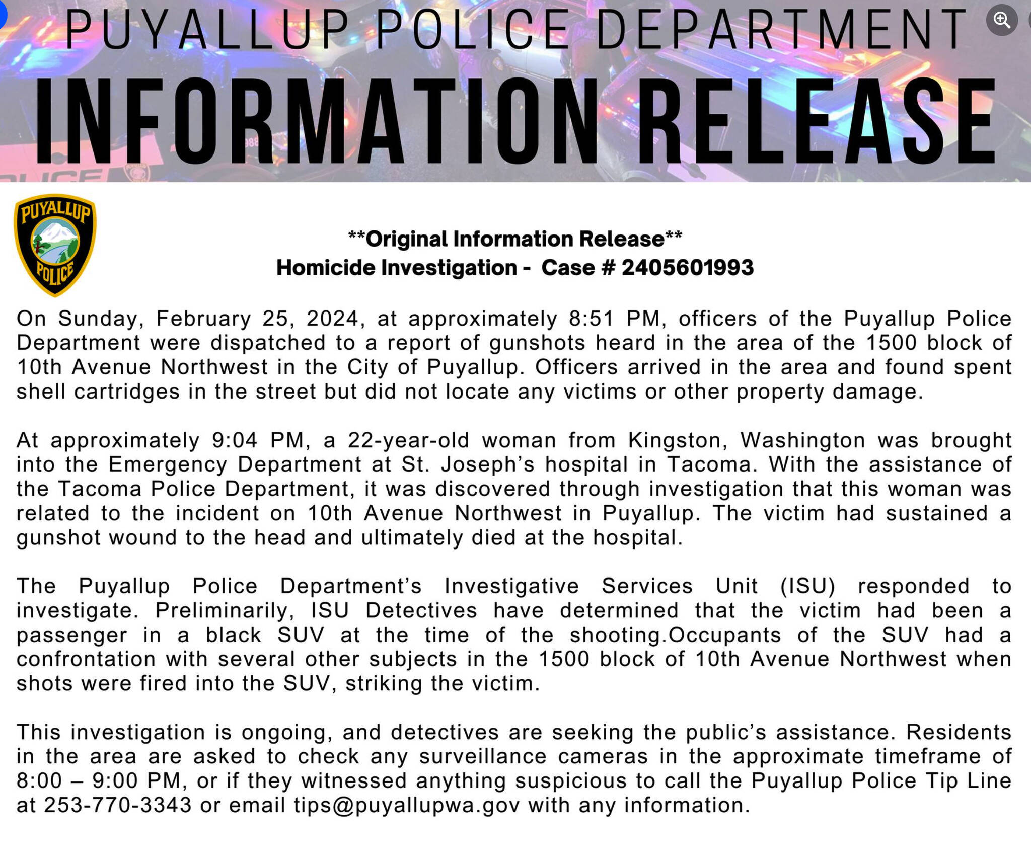 The information release from the Puyallup Police Department. Photo from the Puyallup Police Department Facebook page