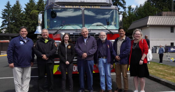 Mayor Jim Ferrell and Chief Dave Van Valkenburg, along with others, at the South King Fire 75th anniversary. Photo by Joshua Solorzano/The Mirror