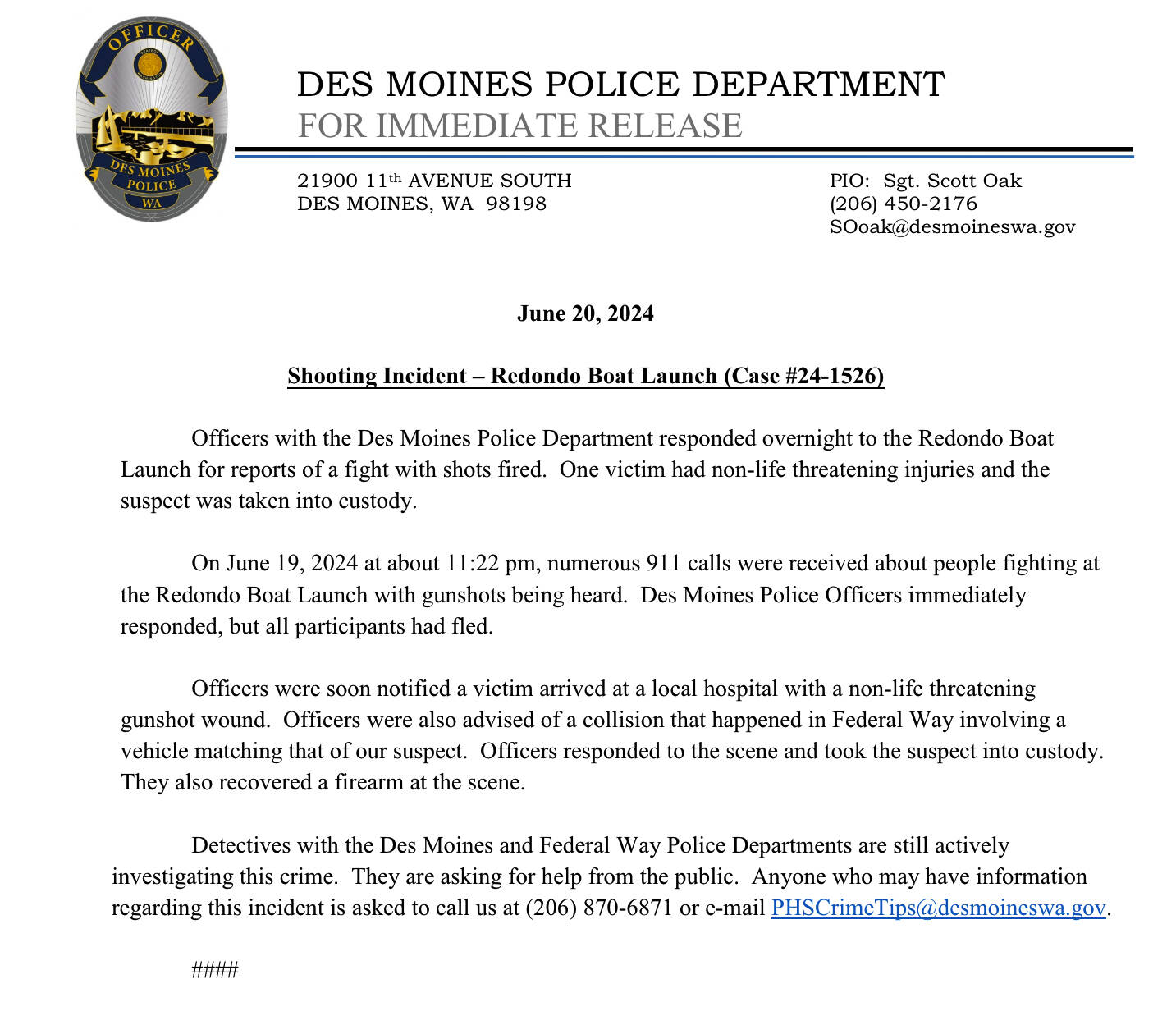 Press release from Des Moines Police Department