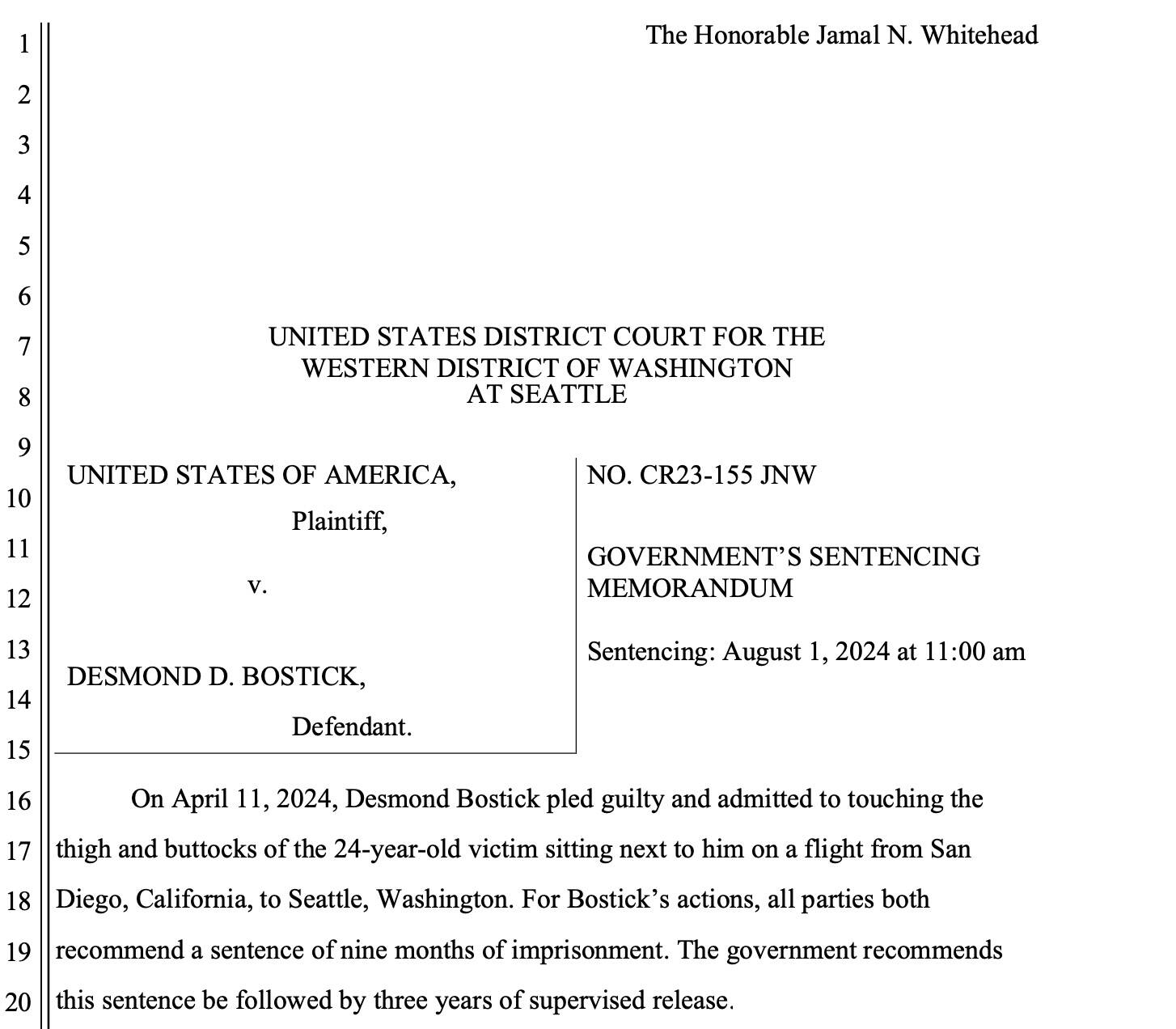 Desmond Bostick’s sentencing documents. Courtesy of the United States District Court