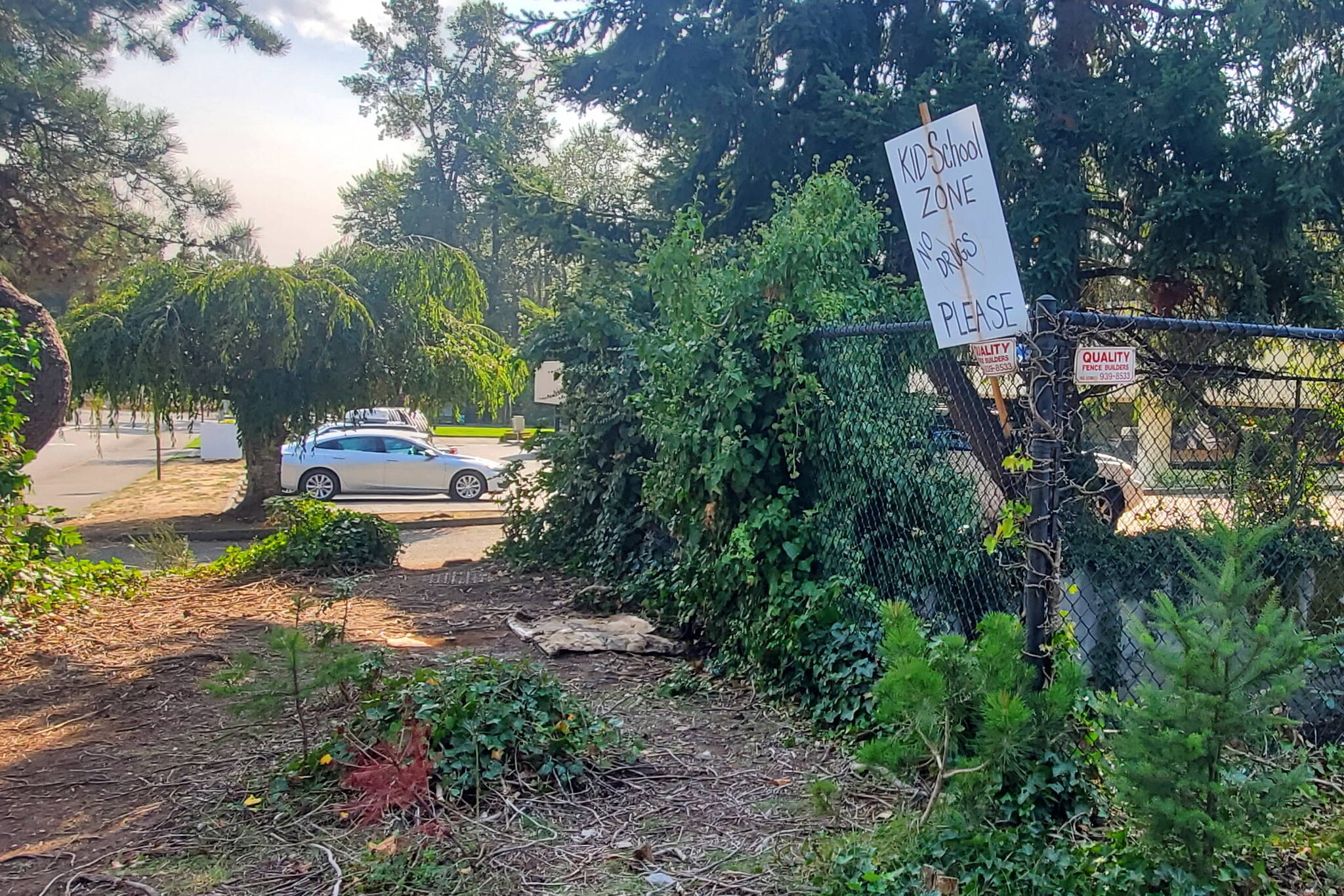 The corner outside the Day Center, 33505 13th Pl. S., as seen in 2023, where a woman had lived in a shelter made from umbrellas. Mirror file photo