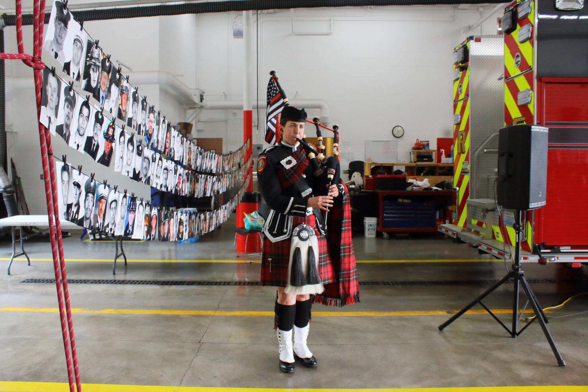 Lt. Ann Hoag of South King Fire is part of Puget Sound Firefighters Pipes and Drums and performed after a moment of silence at the 9/11 memorial tribute event this year. Photo by Keelin Everly-Lang / the Mirror