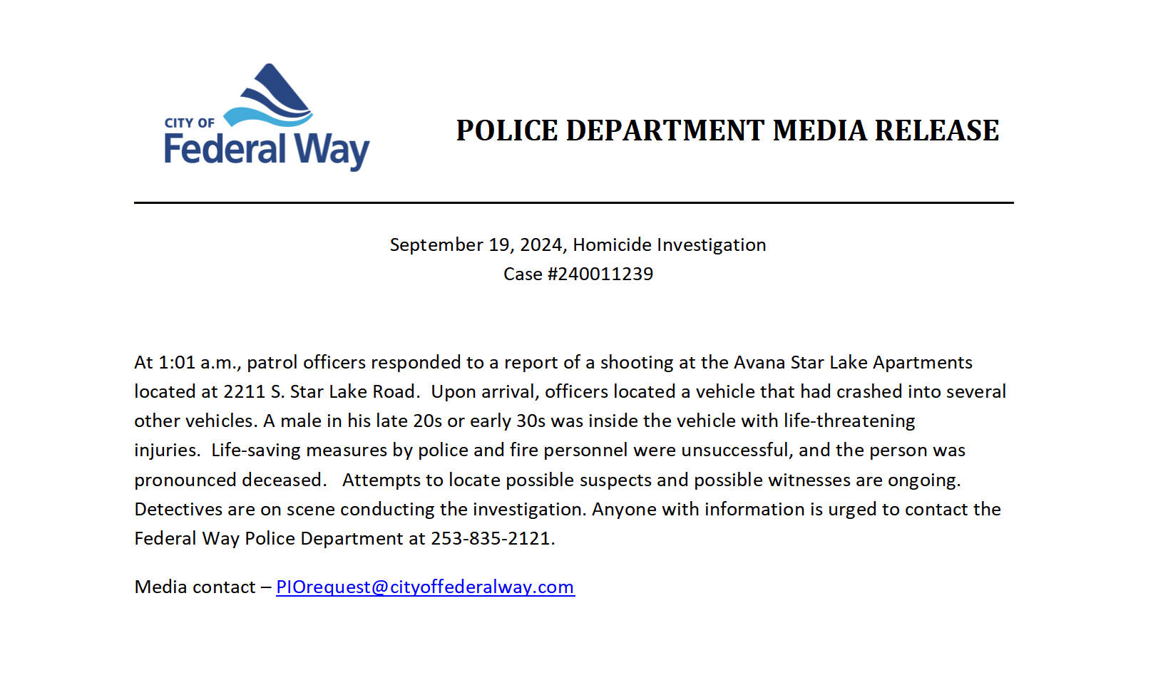 Press release from the Federal Way Police Department