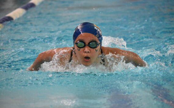 Decatur swimmer doing the breaststroke during the IM relay. Ben Ray / The Mirror