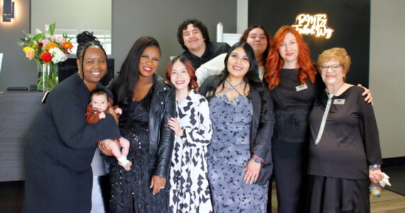 From left to right: Ka’Shayla Jewell (Core Learning Leader), Chara Howell (Learning Leader), Susana Bravo (Learning Leader), Juan Vazquez (Student), Edith Mercado-Antunez (Sales and Operations Leader of Federal Way), Janeth Gomez (Student), Gabriela Calin (Learning Leader), Rhonda Young (Learning Leader) at the grand opening event for Paul Mitchell the School. Photo by Keelin Everly-Lang / The Mirror