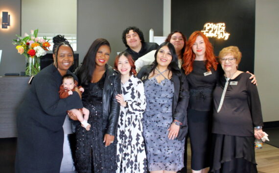 From left to right: Ka’Shayla Jewell (Core Learning Leader), Chara Howell (Learning Leader), Susana Bravo (Learning Leader), Juan Vazquez (Student), Edith Mercado-Antunez (Sales and Operations Leader of Federal Way), Janeth Gomez (Student), Gabriela Calin (Learning Leader), Rhonda Young (Learning Leader) at the grand opening event for Paul Mitchell the School. Photo by Keelin Everly-Lang / The Mirror