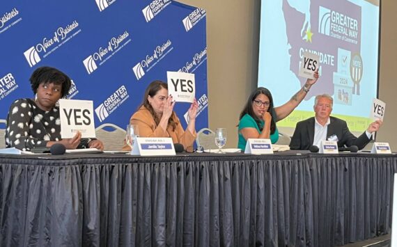 The Greater Federal Way Chamber of Commerce hosted a forum for 30th Legislative District candidates during its membership luncheon Oct. 2. Pictured left to right: Jamila Taylor, Melissa Hamilton, Kristine Reeves and Quentin Morris answer a “lightning round” question. The candidates will appear in another forum at 6 p.m. Oct. 8 at the Federal Way Community Center that’s free and open to the public. Photo by Andy Hobbs/The Mirror