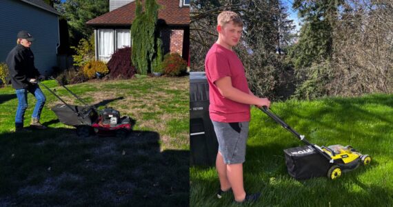 Carter and Gavin Hansen mowing lawns. Courtesy photo.