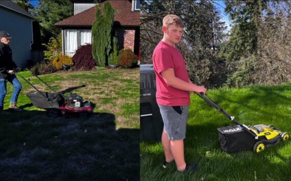 Carter and Gavin Hansen mowing lawns. Courtesy photo.