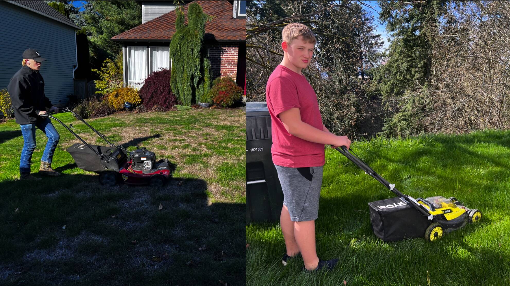 Carter and Gavin Hansen mowing lawns. Courtesy photo.