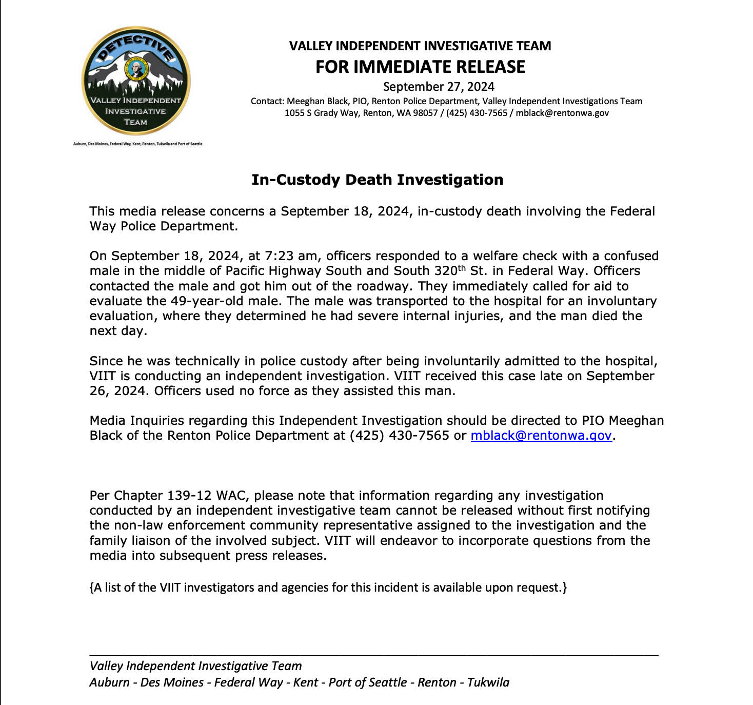 Screenshot of the The Valley Independent Investigative Team’s press release.