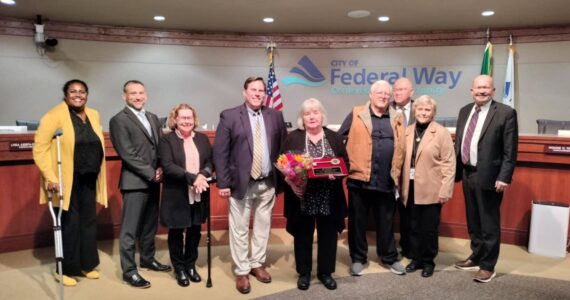 In other action at the Federal Way City Council’s Oct. 1 meeting, Diana Noble-Gulliford (center) received the Mayor’s Key to the City for nearly 40 years of service to the community. She is a former councilmember, planning commissioner and past director of the Historical Society of Federal Way. Photo courtesy of Bruce Honda