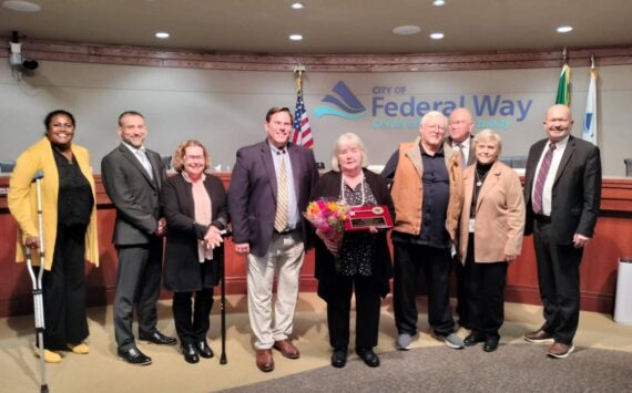 In other action at the Federal Way City Council’s Oct. 1 meeting, Diana Noble-Gulliford (center) received the Mayor’s Key to the City for nearly 40 years of service to the community. She is a former councilmember, planning commissioner and past director of the Historical Society of Federal Way. Photo courtesy of Bruce Honda