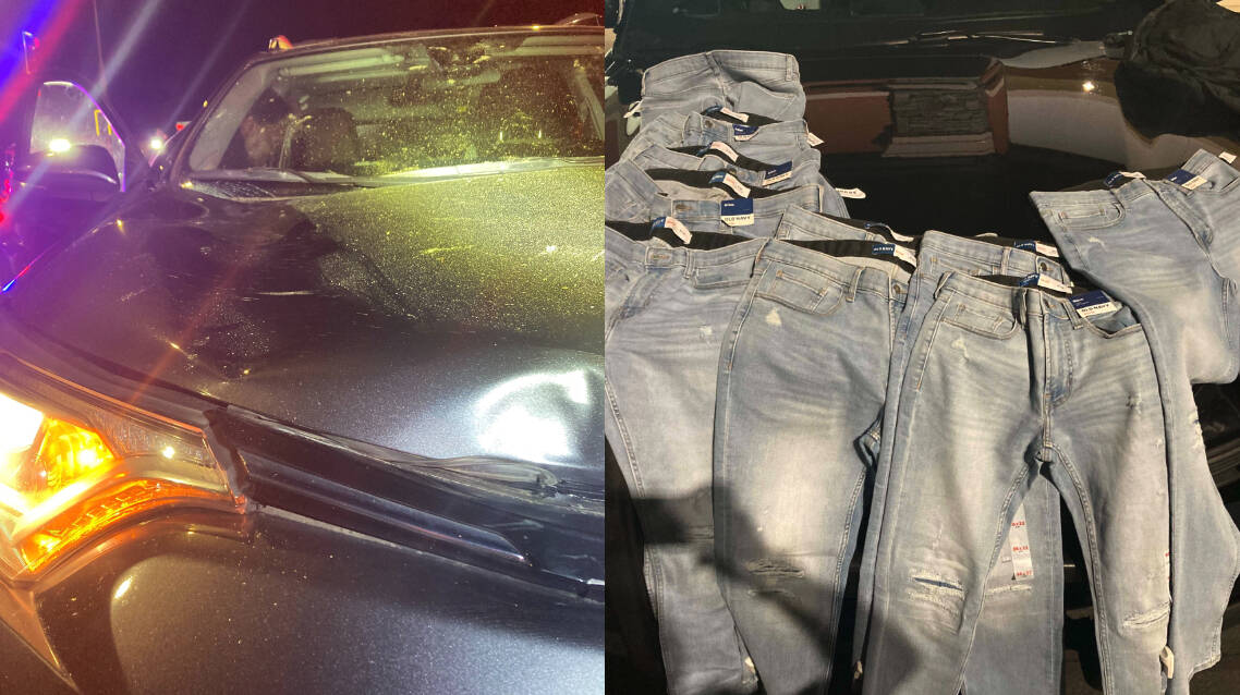 The car that hit the man and the recovered jeans. Photos courtesy of Federal Way Police Department