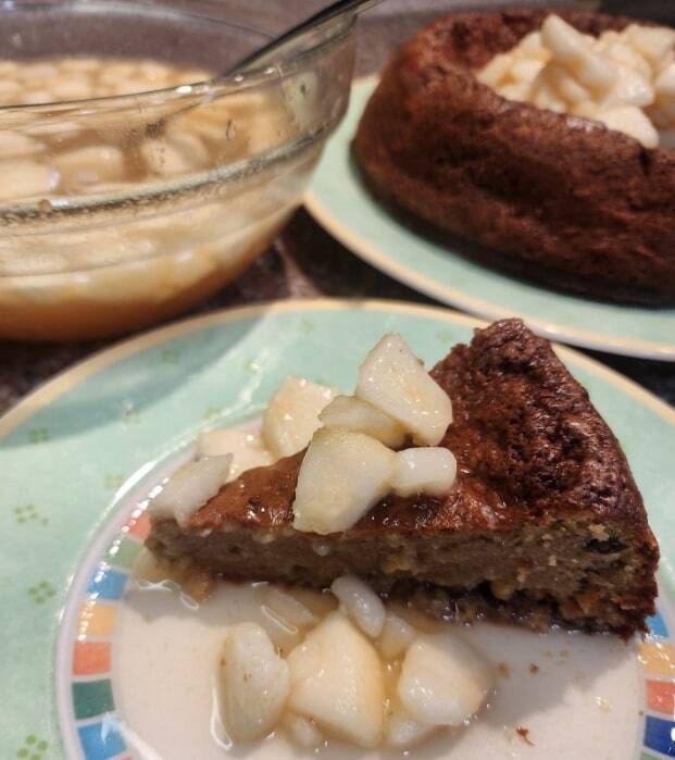 Coconut almond cake with pear syrup. Courtesy photo