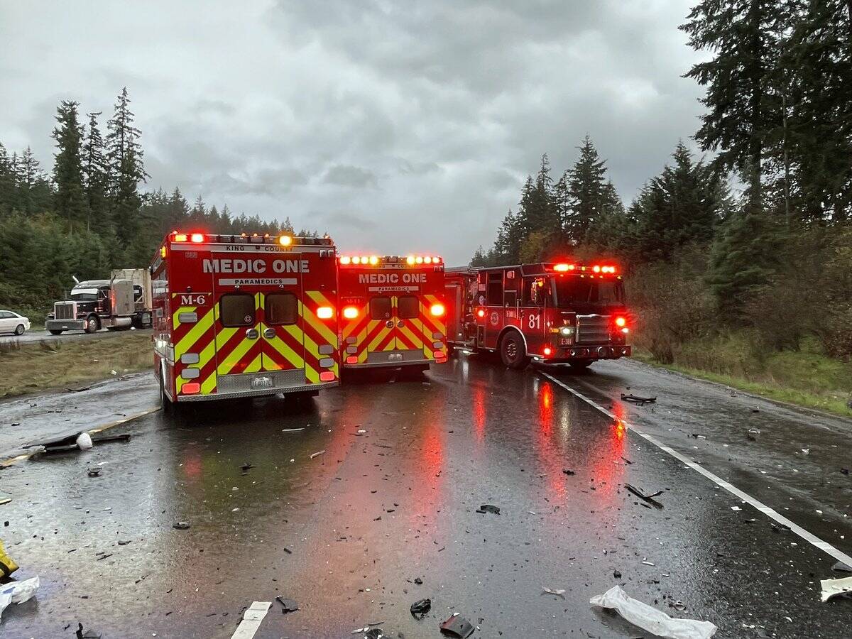 Puget Sound Fire, King County Medic One, and Washington State Patrol on location of the accident. Photo from Puget Sound Fire X account.