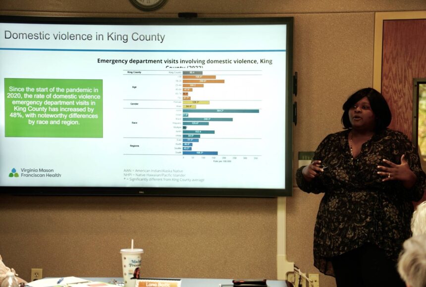 <p>Cora Wyche presenting the King County Community Health needs. Photo by Joshua Solorzano/The Mirror</p>