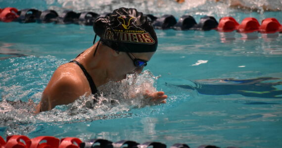 Thomas Jefferson swimmer swims in breaststroke section of the medley relay. Ben Ray / The Mirror